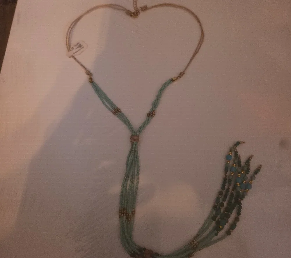 Johnny Was Aqua Beaded Tassel Necklace with Gold Accents